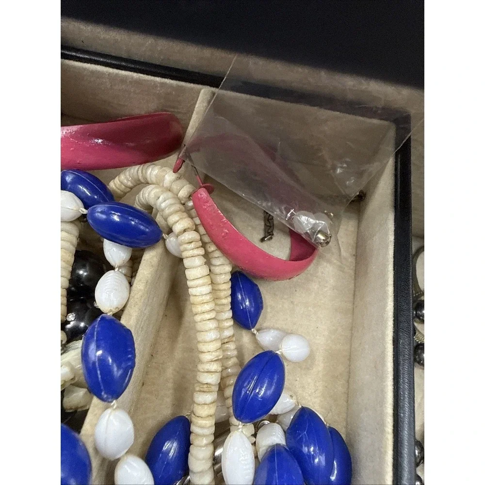 Vintage Jewelry Box Lot: Box, Necklaces, Bracelets, Rings, Earrings